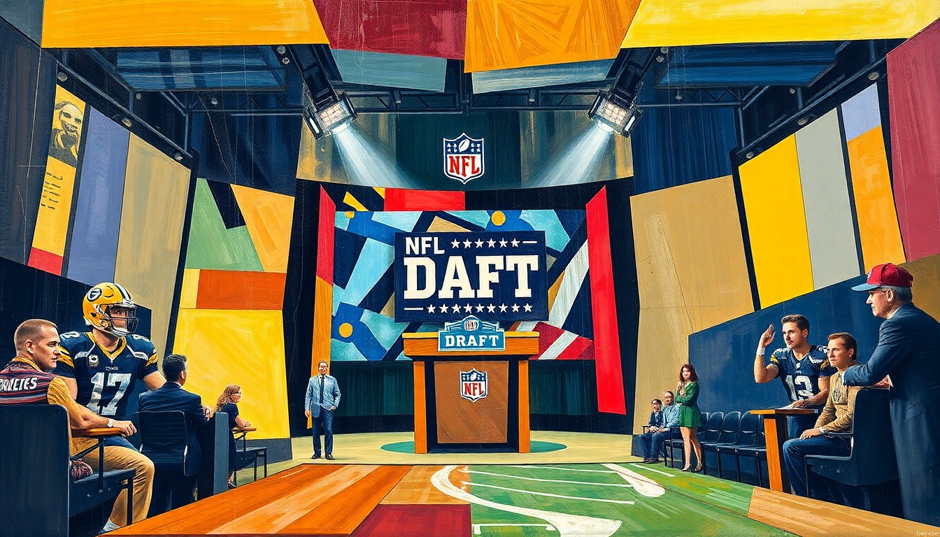 A cubist, geometric painting depicting an abstract NFL draft stage and players, with sharp, overlapping planes of color and form.