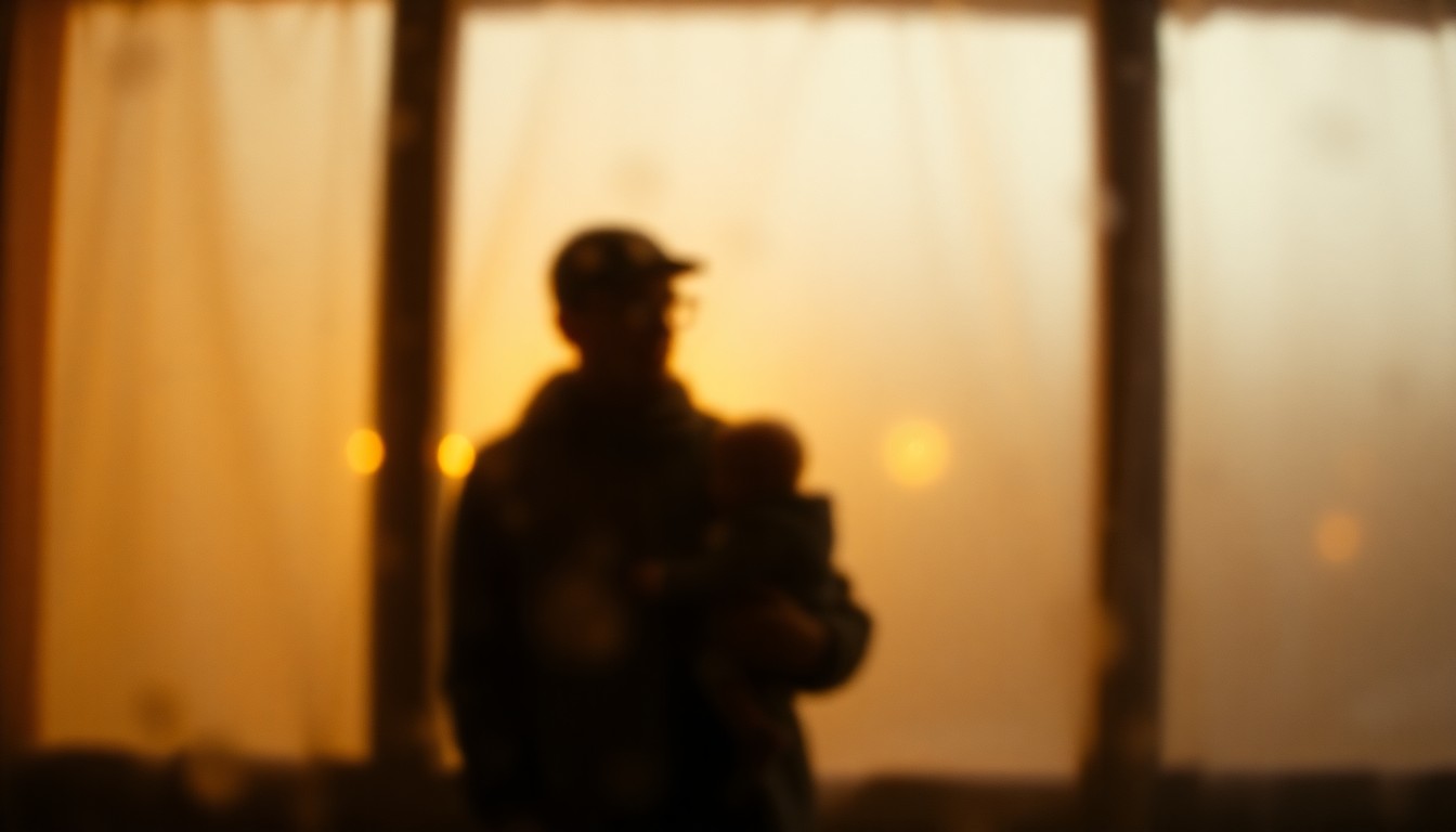 An extremely blurred, out-of-focus photograph in warm tones, showing the silhouettes of a parent and child against a window, conveying a sense of instability and uncertainty surrounding family homelessness.