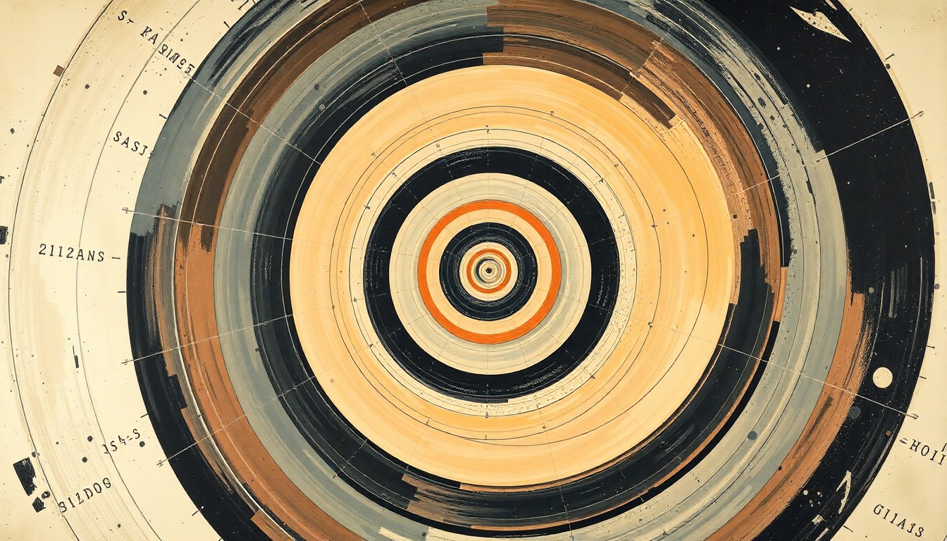 An abstract painting in soft blues, greens, and grays featuring sweeping geometric arcs, concentric circles, and precise spirals, representing the complex forces and concepts of space travel and lunar exploration.