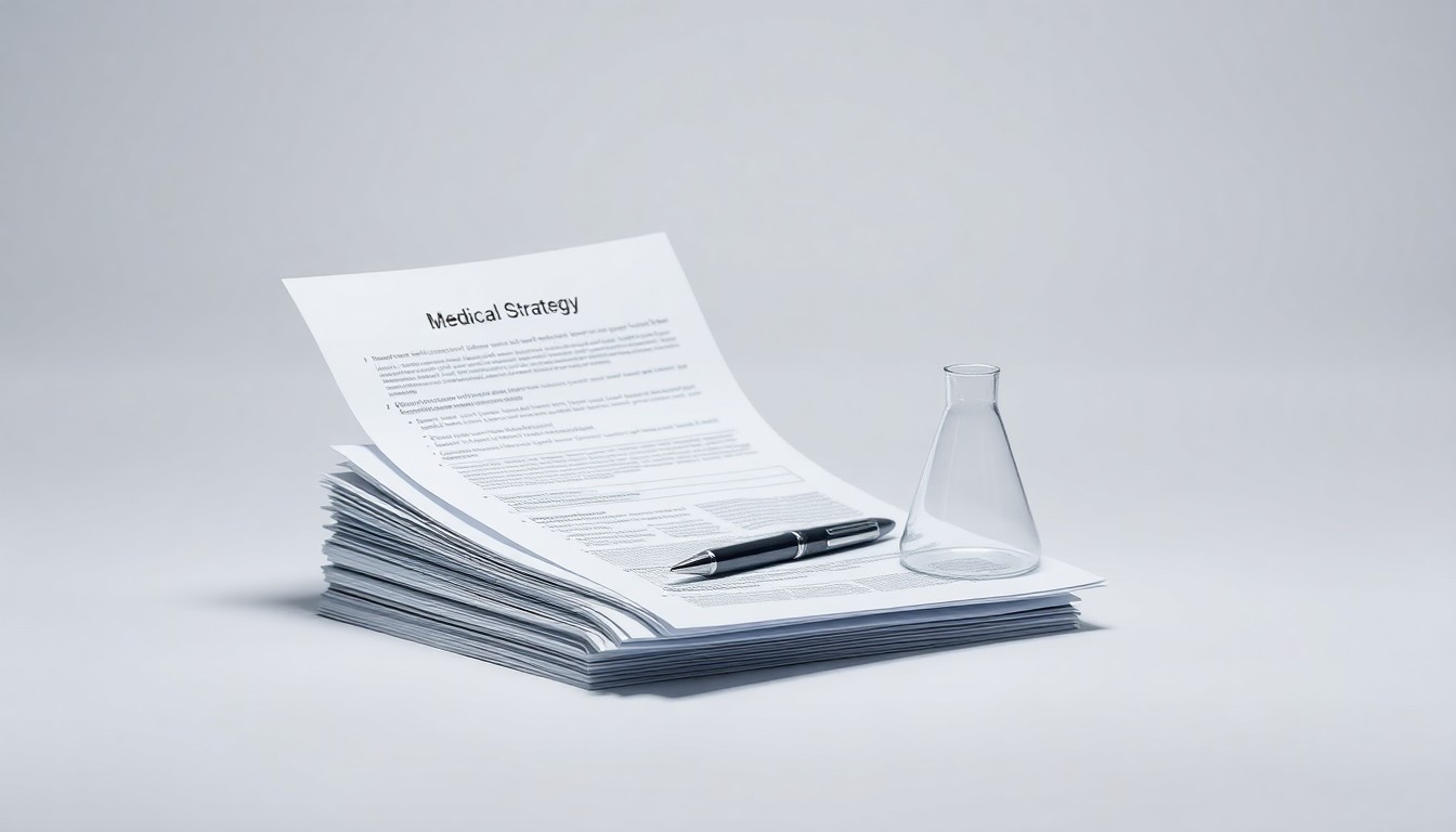 A photorealistic studio still-life image featuring a stack of medical research papers, a pen, and a glass beaker arranged elegantly on a clean, monochromatic background, conceptually representing the abstract ideas of corporate strategy and pharmaceutical innovation.