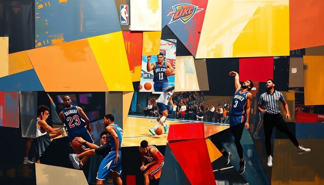 An abstract, cubist-style painting depicting the intense action and energy of an NBA playoff game, with the players' movements and the court itself fractured into sharp, overlapping geometric shapes and planes in a vibrant color palette.