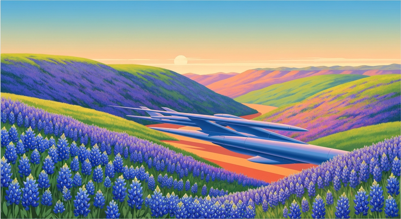 A highly stylized, geometric landscape illustration depicting rolling hills covered in a dense, sweeping field of blooming bluebonnets, rendered in bold, airbrushed gradients of purple, blue, and green.