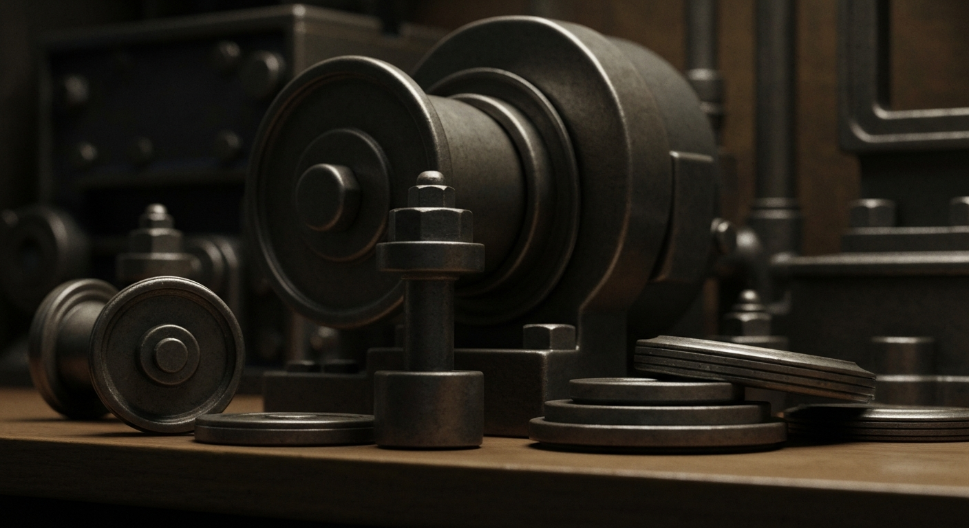 An extreme close-up of gears, levers, and other industrial banking equipment, conveying the physical, mechanical nature of financial institutions and markets.