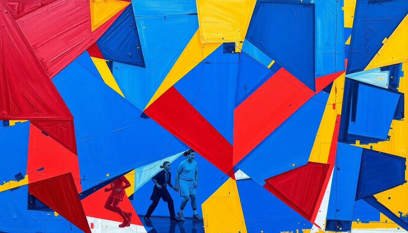A dynamic, cubist-inspired painting featuring overlapping geometric shapes and planes in shades of blue, red, and yellow, capturing the energy and movement of a women's basketball game.