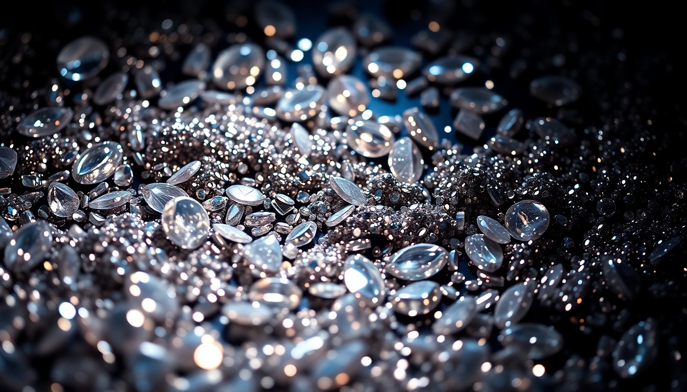 An abstract close-up photograph of shimmering, textured Disney-themed sequins and crystals, using dramatic lighting to create a glamorous, high-fashion aesthetic.