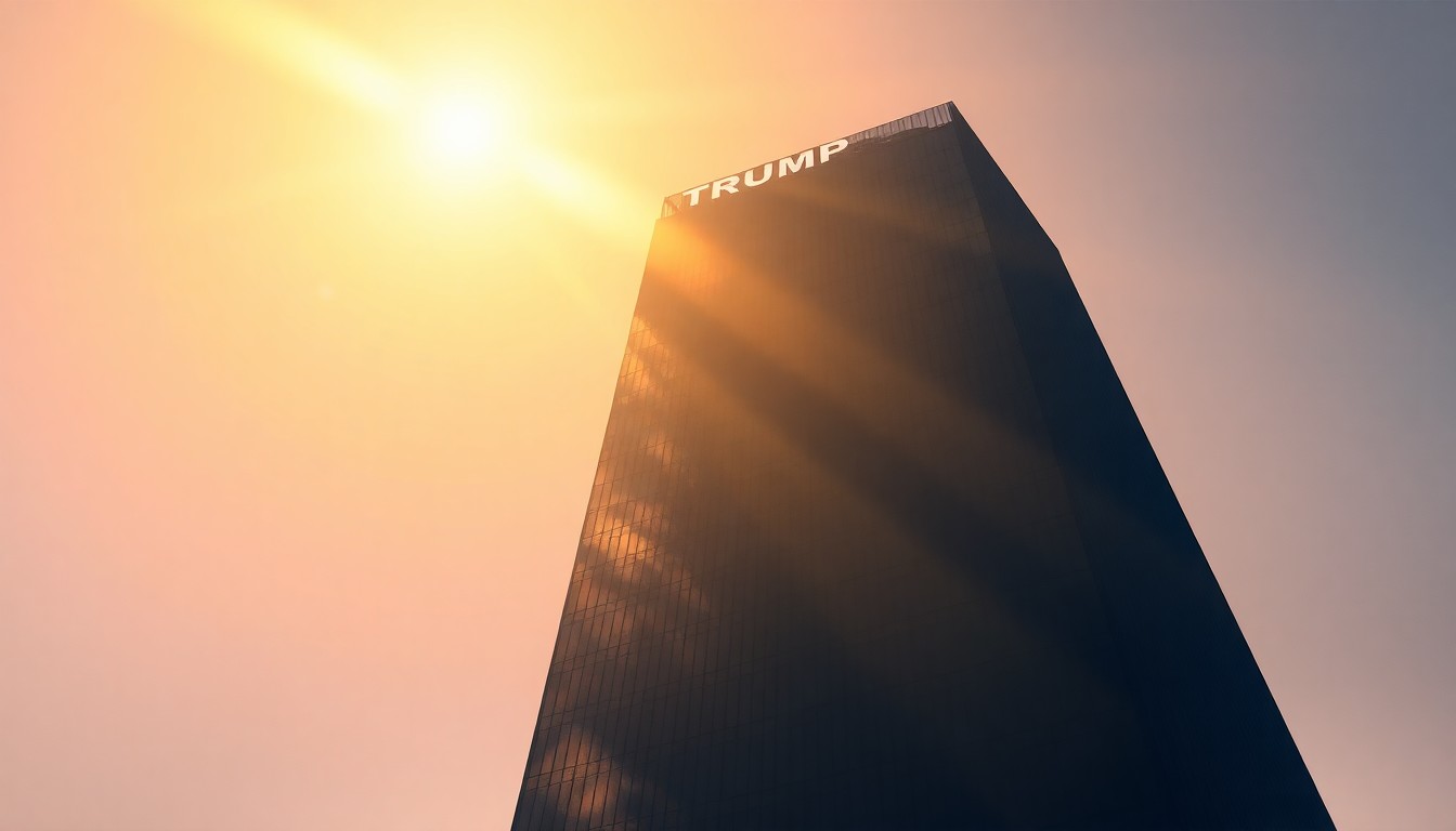 A photorealistic painting of a tall, modern glass skyscraper reflecting warm sunlight, conceptually representing the proposed Trump presidential library.