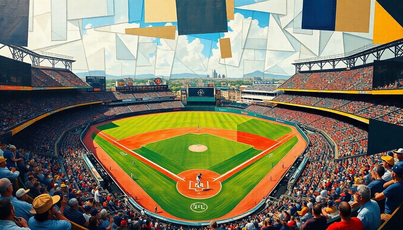 A fractured, geometric painting depicting a baseball game, with players, field, and stadium broken down into abstract shapes and planes of color.