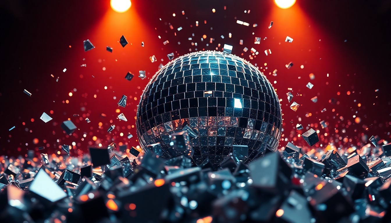 An abstract close-up photograph of shattered glass fragments reflecting dramatic studio lighting, creating a glitzy, high-contrast texture that evokes the glamour and energy of a major music festival.