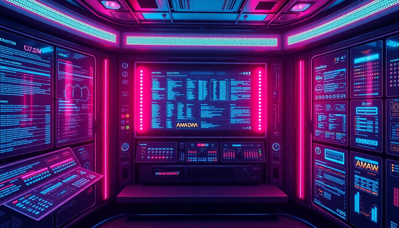 A highly detailed, glowing 3D illustration of a complex cybersecurity control panel with neon cyan and magenta lights, conceptually representing the advanced infrastructure required for CMMC compliance.
