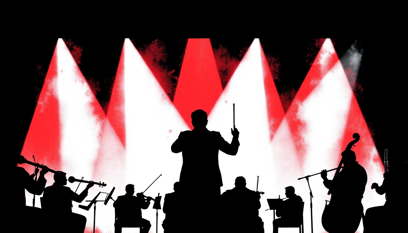 An abstract composition of jagged black silhouettes and bold red and white shapes, conveying the dramatic energy of a symphony orchestra performance.