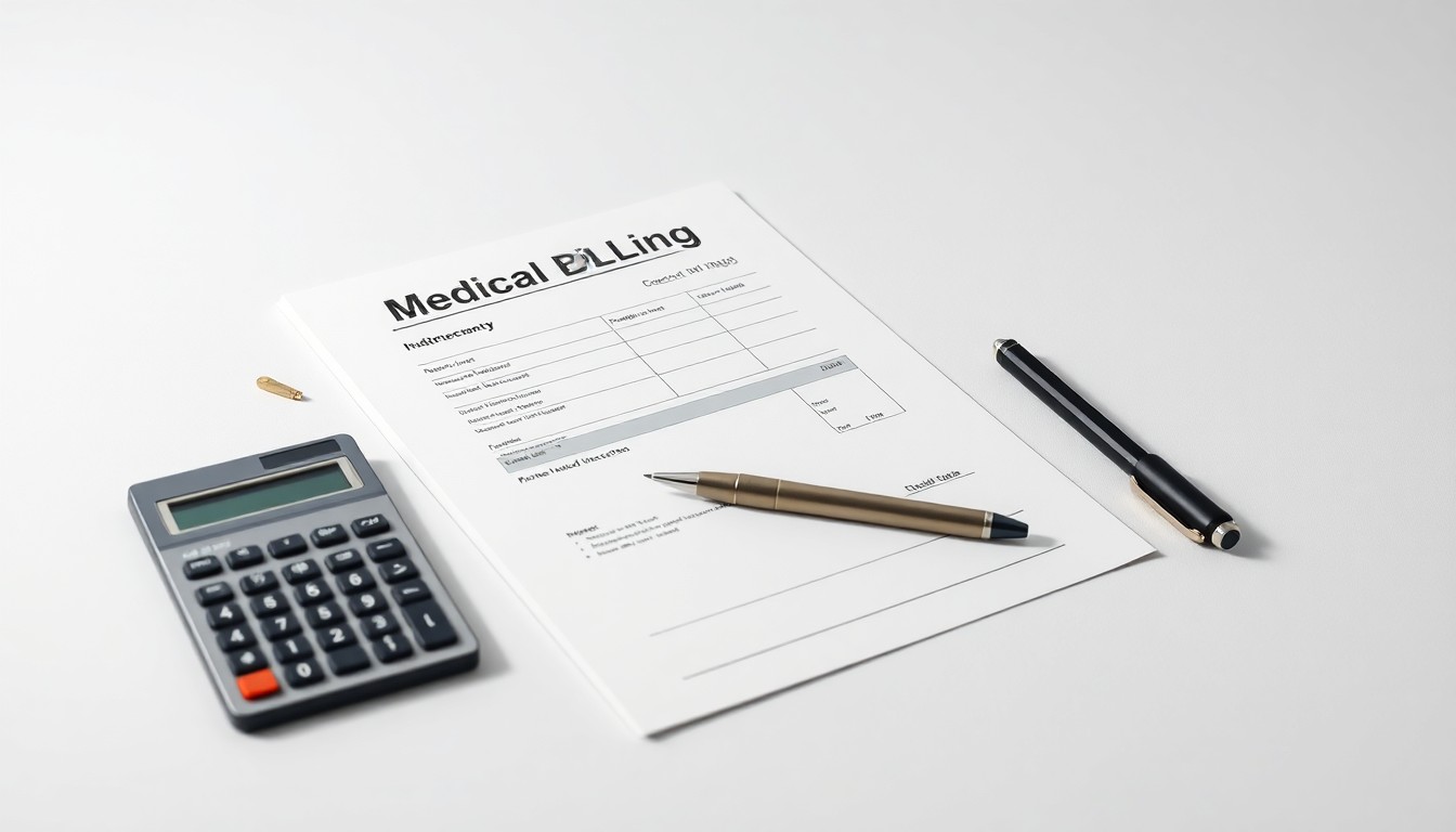 A photorealistic studio still life featuring a stack of medical billing documents, a calculator, and a pen arranged elegantly on a clean, white background, symbolizing the abstract concepts of payment accuracy and healthcare financial operations.