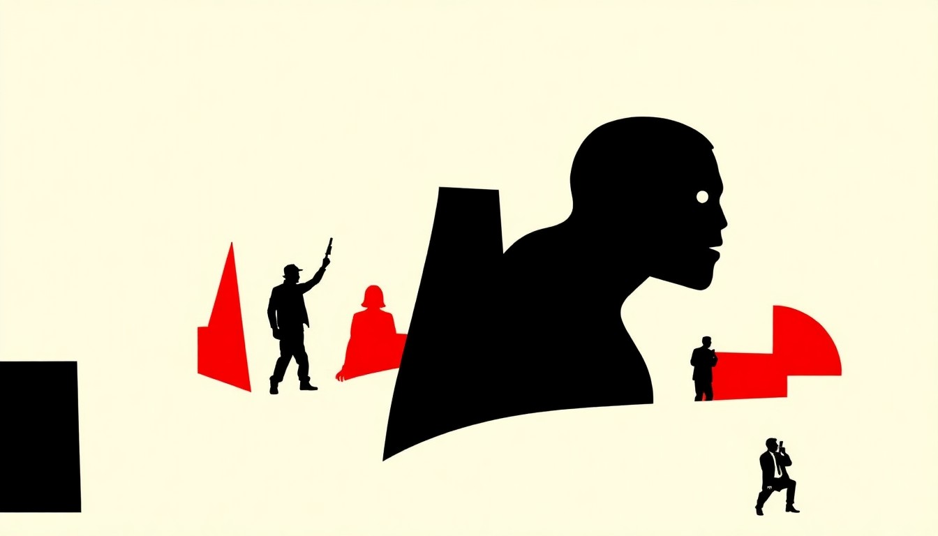 A conceptual illustration in the style of Saul Bass, featuring stark geometric shapes and silhouettes in bold red and white, capturing the energy and diversity of the Midwest Royale film festival.
