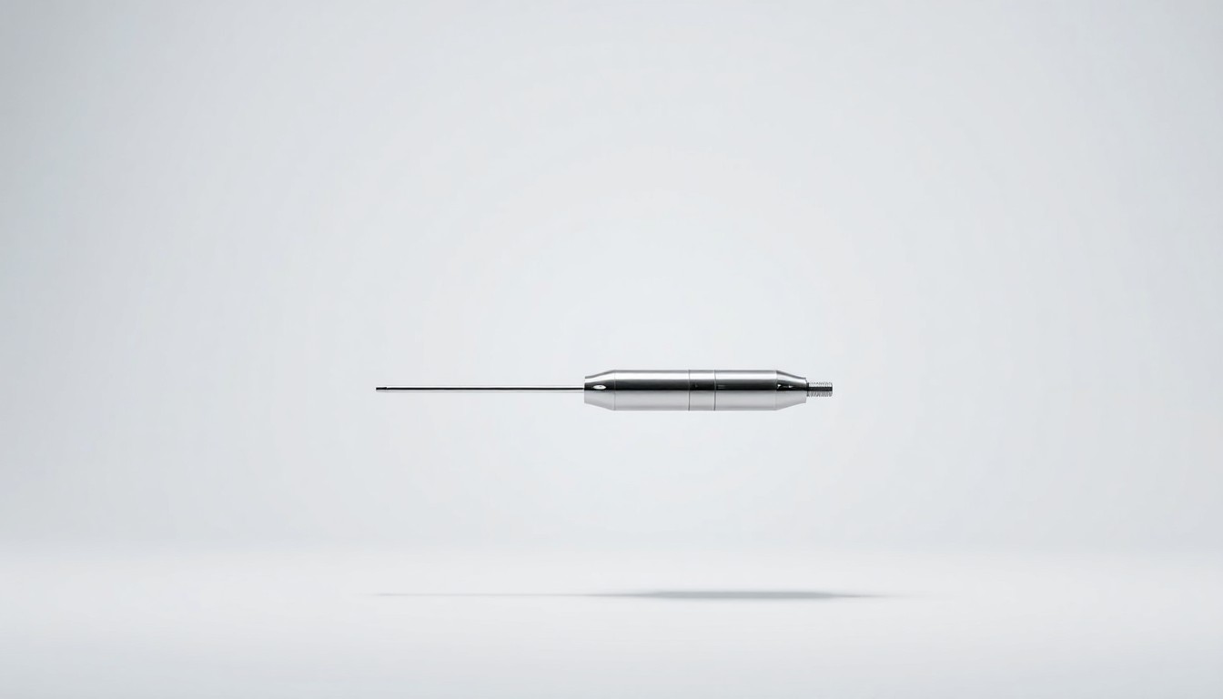 A close-up photograph of a sleek, modern medical device made of polished stainless steel and glass, floating on a plain white background with dramatic lighting and deep shadows, conceptually representing the advanced technology and innovation of AngioDynamics' products.