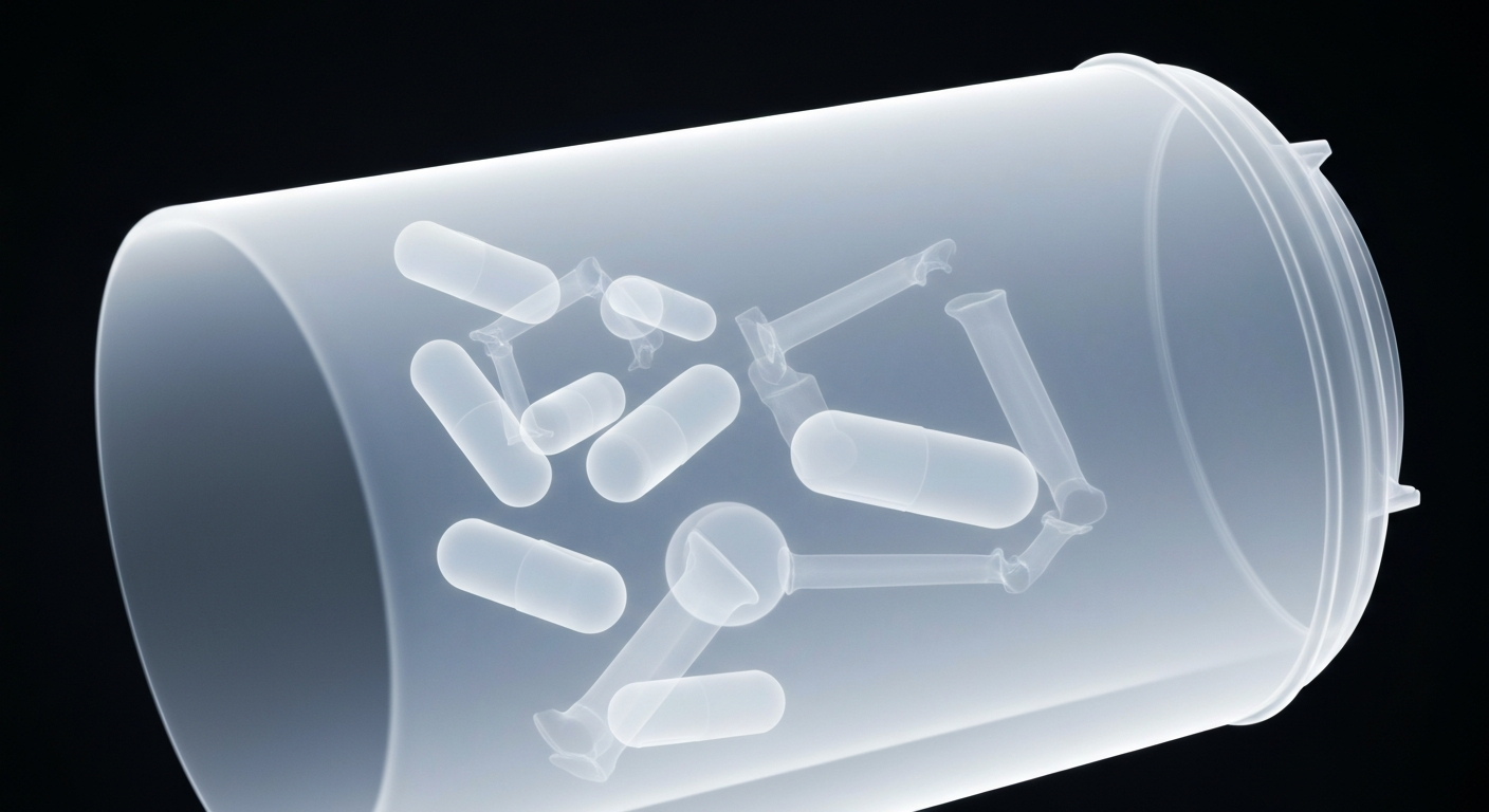 An extreme close-up X-ray photograph showing the translucent, ghostly internal structure of a prescription pill bottle, conceptually representing the seamless digital transfer of medication information.