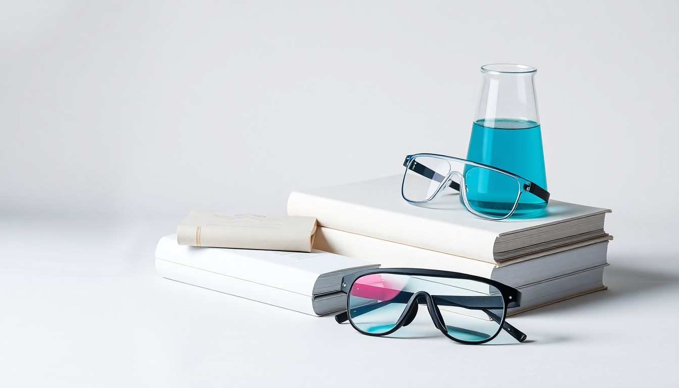A minimalist studio still life featuring scientific glassware, journals, and safety equipment, symbolizing the innovative pharmaceutical research behind Enveric's latest patent.