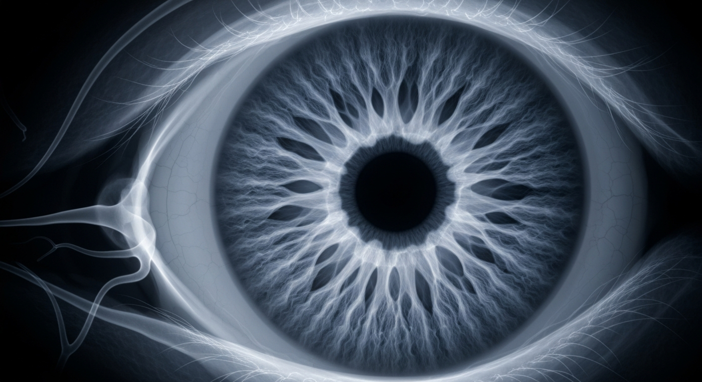 An extreme close-up X-ray photograph revealing the intricate internal structures of the human eye, conceptually illustrating the potential of innovative interventional treatments for glaucoma.
