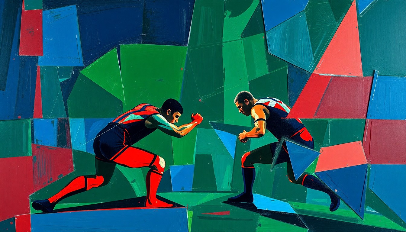 A fractured, geometric painting depicting the movements and energy of a wrestling match, using sharp planes of navy, green, and red to capture the sport's intensity.