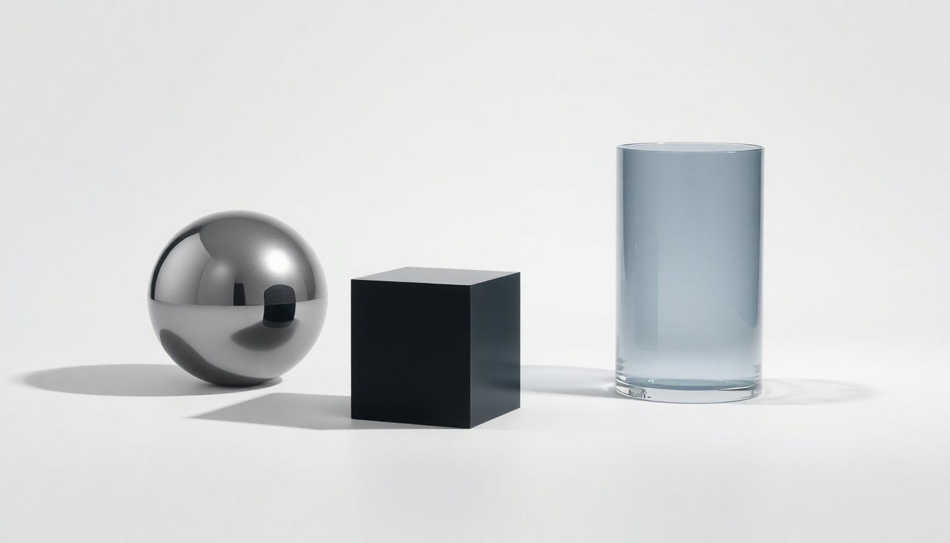 A photorealistic studio still life featuring a polished metal sphere, black cube, and glass cylinder arranged elegantly on a clean white background, conceptually representing VEON's corporate strategy and technology focus.