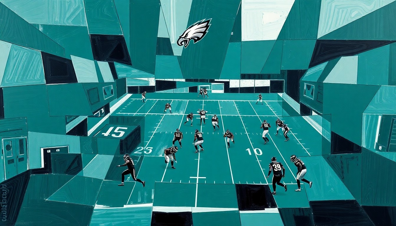 A fractured, multi-perspective painting in a cubist style, using sharp geometric planes in the Philadelphia Eagles' team colors to conceptually represent the complexities of an NFL offense and the need for continuity at the coordinator position.