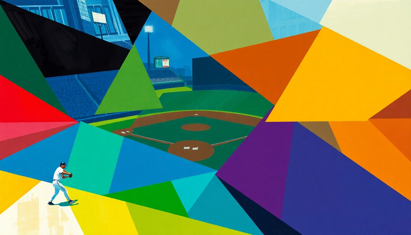 A fragmented, multi-angled painting depicting a baseball game, with the players and field rendered in sharp, overlapping geometric shapes and planes of color, creating a dynamic and abstract visual representation of the sporting event.