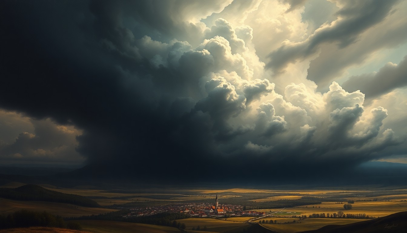 A dramatic landscape painting in muted tones, with a massive, swirling storm system dominating the horizon and casting an ominous shadow over a small town in the foreground, conveying the overwhelming power and scale of an impending severe weather event.