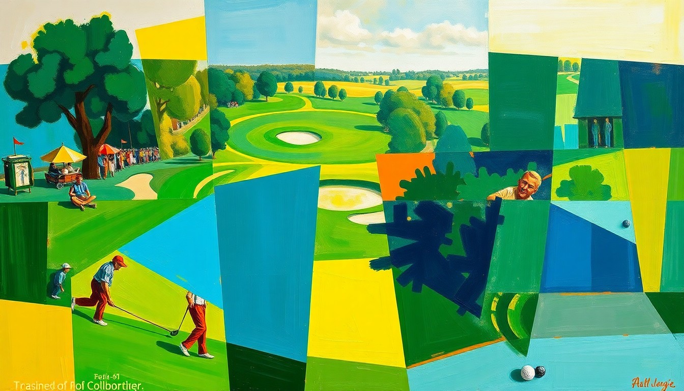A cubist, geometric painting depicting a fragmented golf tournament scene with overlapping planes of emerald green, azure blue, and ochre yellow.