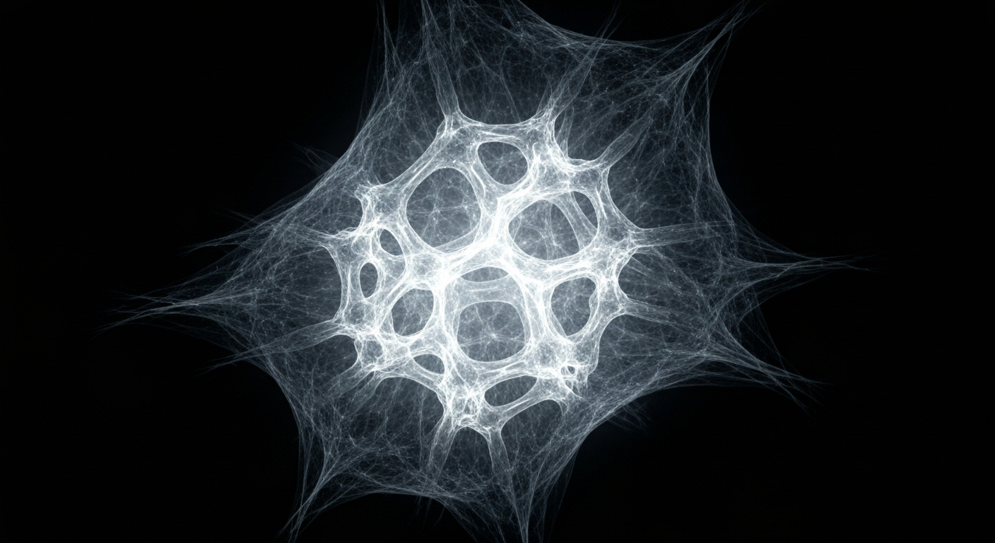 A highly detailed, translucent X-ray style image showing the intricate molecular structure of a multiple myeloma cell, conveying the complex biology and need for innovative treatments in this disease.