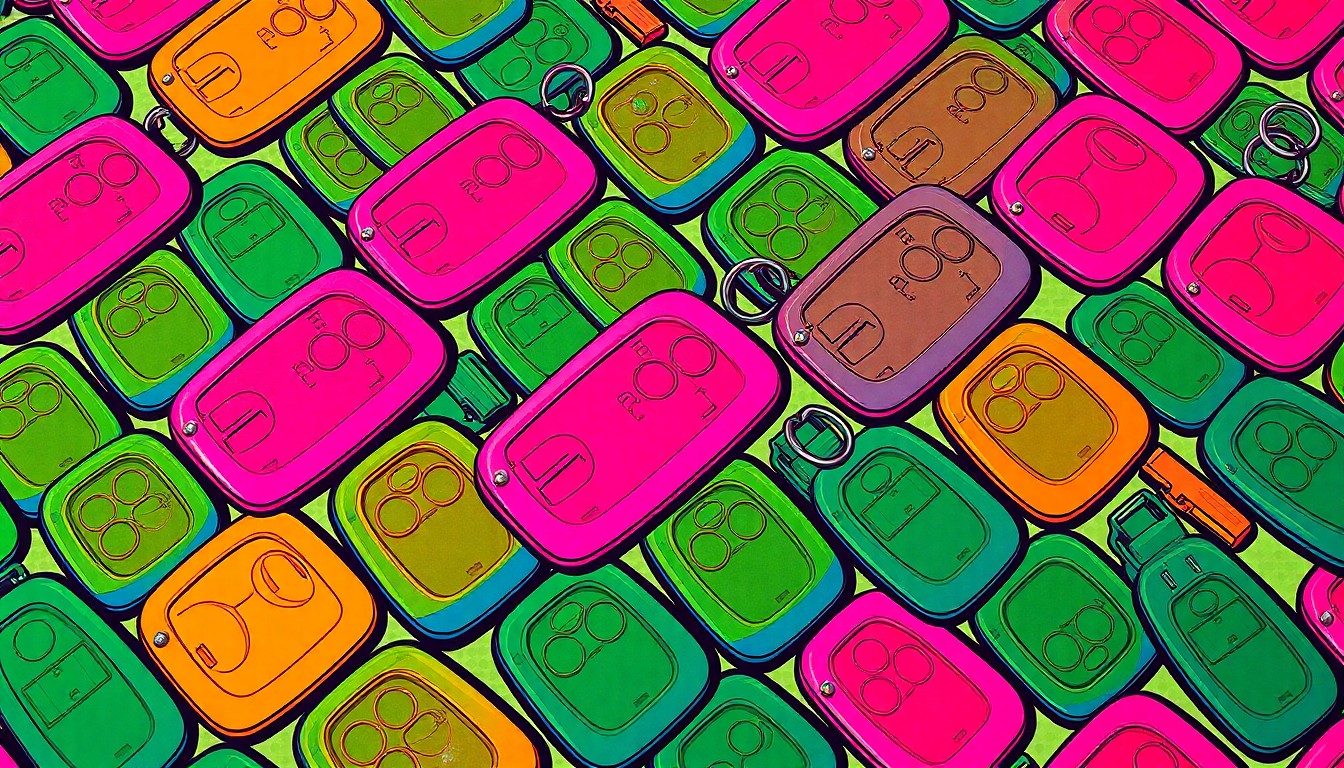 A bold, colorful silkscreen print featuring a car key icon repeated in a grid pattern, conceptually representing the meaningful impact of providing transportation assistance to single mothers in need.