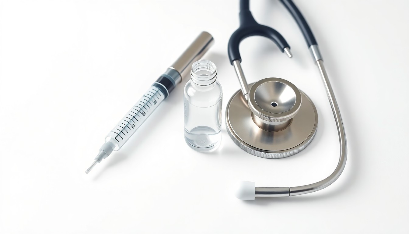 A photorealistic studio still-life image featuring a polished metal syringe, a glass vial, and a stethoscope arranged elegantly on a clean, white background, symbolizing the advanced medical technology and scientific expertise behind ImmunityBio's immunotherapy pipeline.