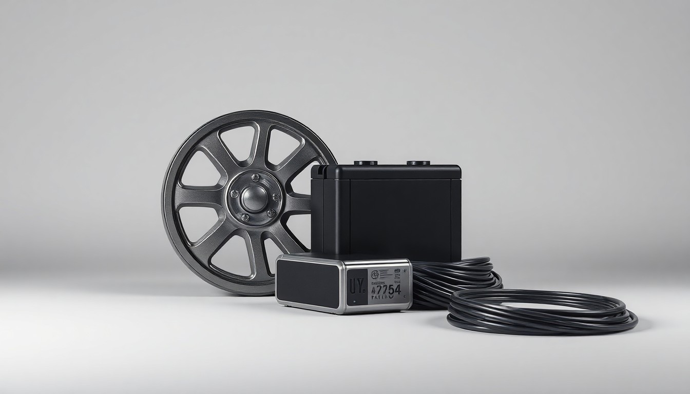 A high-end, photorealistic studio still-life photograph featuring a polished metal locomotive wheel, a battery pack, and a coil of electrical cable, arranged elegantly on a clean, monochromatic background to represent the concept of sustainable rail transportation technology.