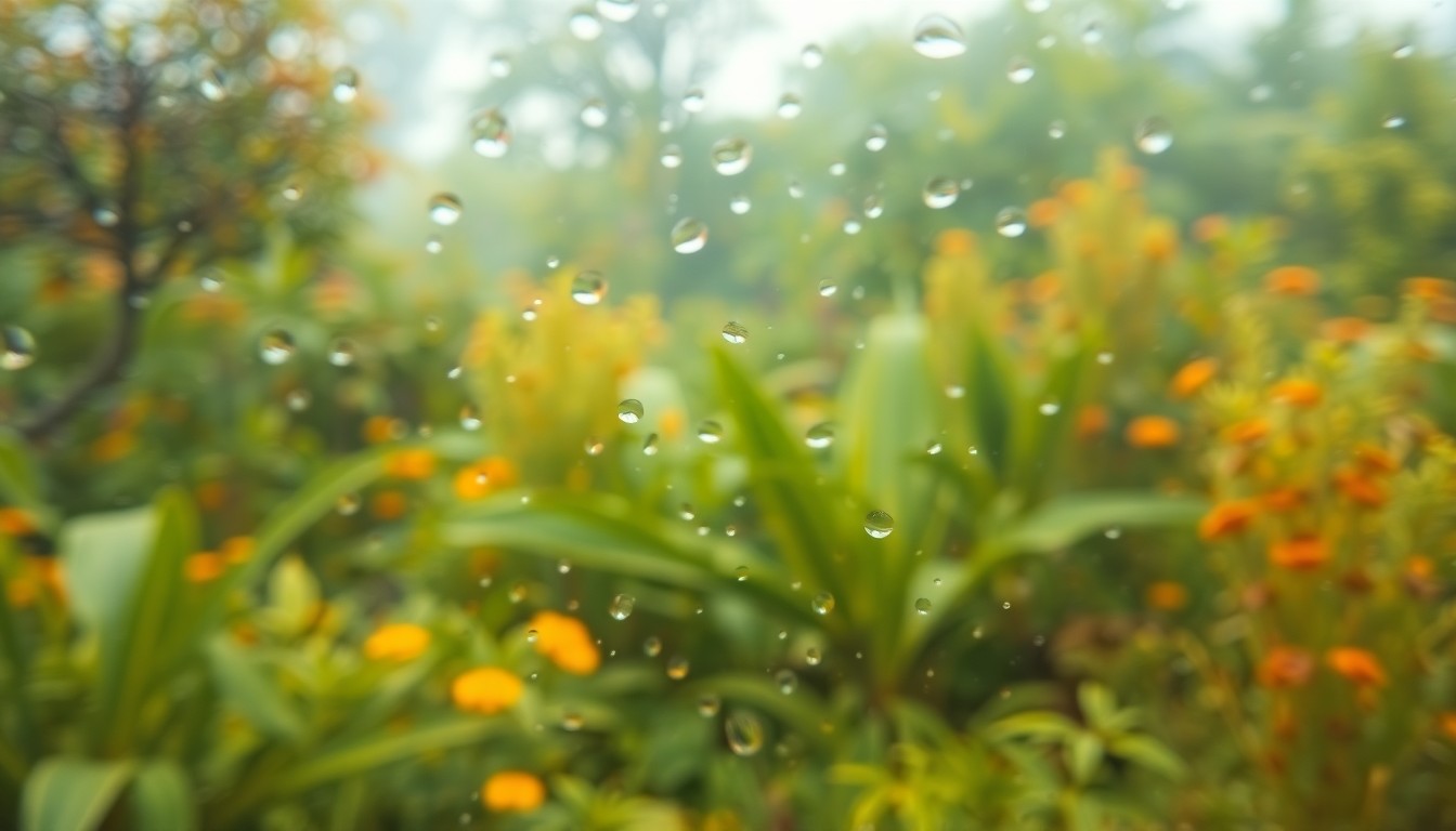 An abstract, impressionistic scene of a lush, vibrant garden captured through a hazy, out-of-focus lens, conveying the tranquil, atmospheric mood of spring gardening preparations.