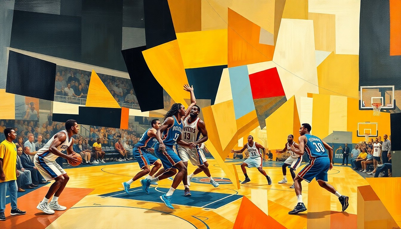A fragmented, geometric painting depicting the dynamic movements and intense action of a basketball game, with players' bodies and the court broken down into sharp, overlapping planes of color and form.
