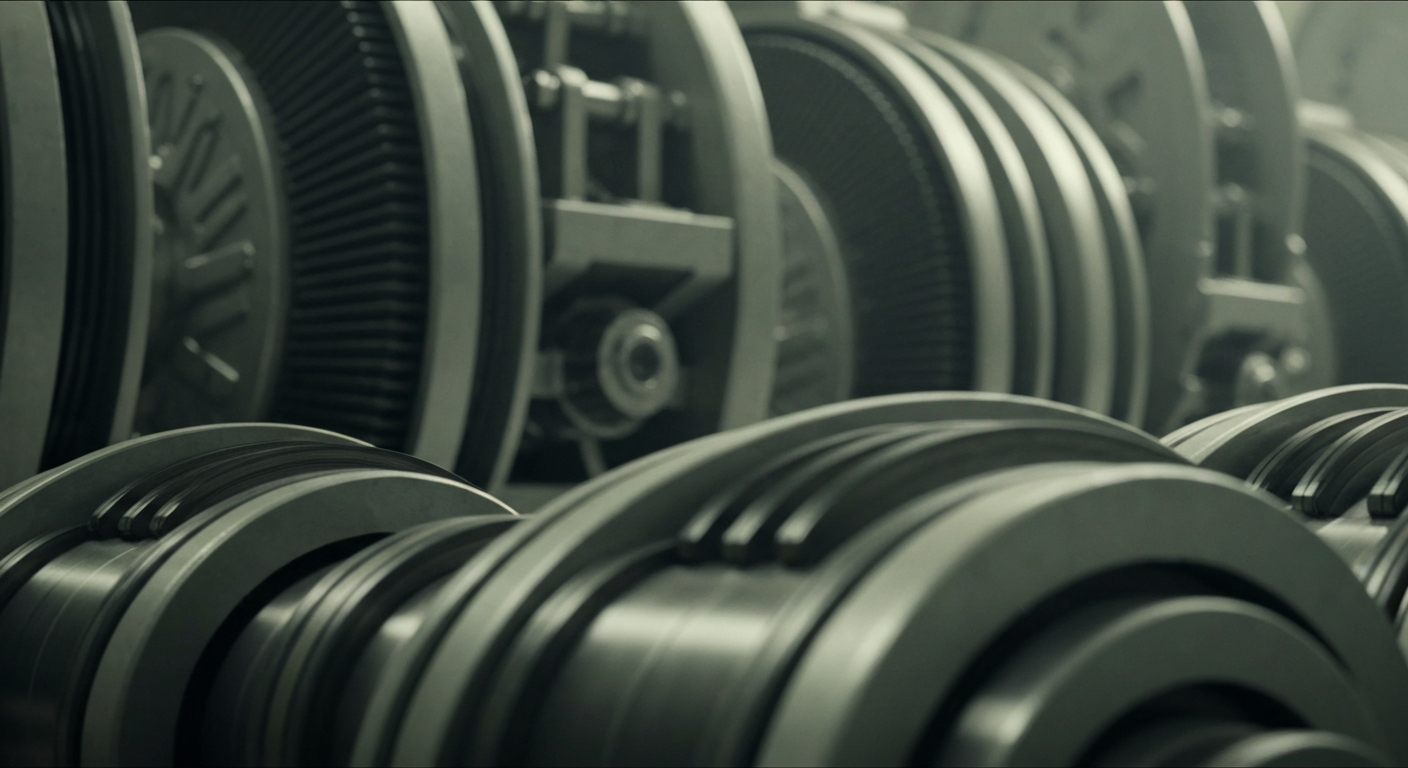 An extreme close-up of complex, metallic financial machinery and equipment, conveying a sense of institutional power and security in the banking industry.