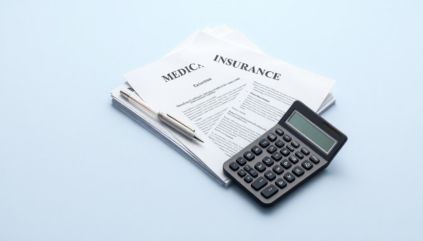 A photorealistic studio still life featuring a stack of medical insurance documents, a pen, and a calculator on a clean, monochromatic background, conceptually representing the abstract corporate strategy and financial implications of mental health coverage policies.