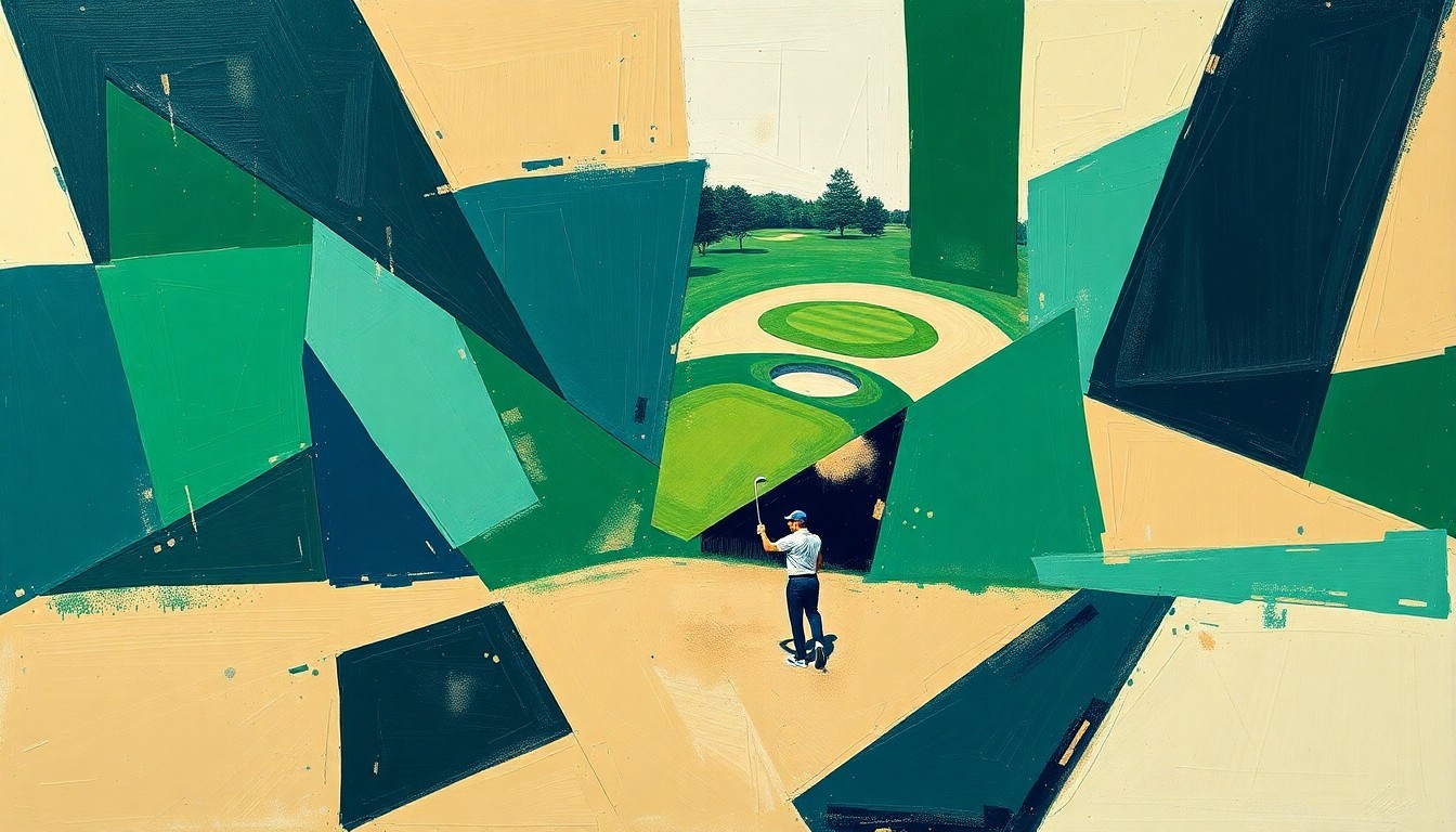 A cubist, geometric painting depicting a fragmented, multi-angled view of a golf tournament, with sharp planes of emerald green, sand tan, and navy blue hues conveying the competitive energy of the event.