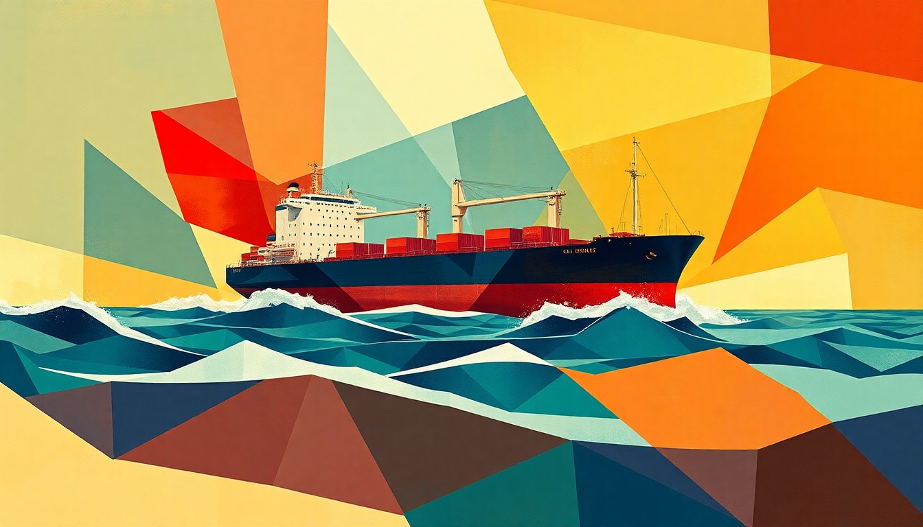 A fractured, abstract painting depicting an oil tanker ship in the Strait of Hormuz, with overlapping geometric shapes and waves of color representing the tensions and disruptions in the region.