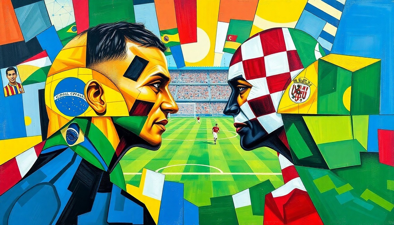 A fractured, multi-perspective painting depicting a soccer match between the national teams of Brazil and Croatia, with sharp geometric shapes and planes in the teams' official colors.