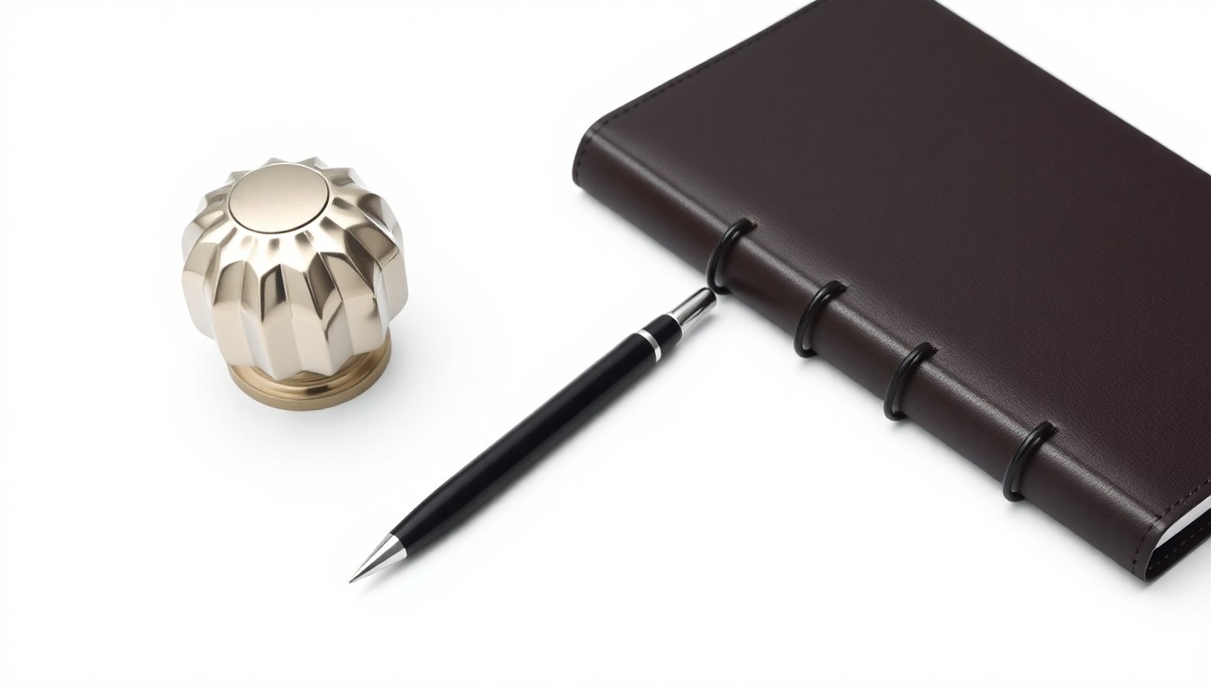 A photorealistic studio still life featuring a metal paperweight, black pen, and leather notebook arranged on a clean white background, conveying the abstract concepts of corporate strategy and investor relations.