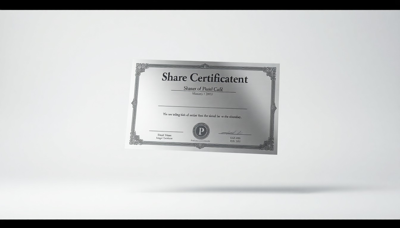 A photorealistic studio still-life image showing a single polished metal share certificate floating on a clean, monochromatic background, representing Pixelworks' decision to repurchase its own stock.