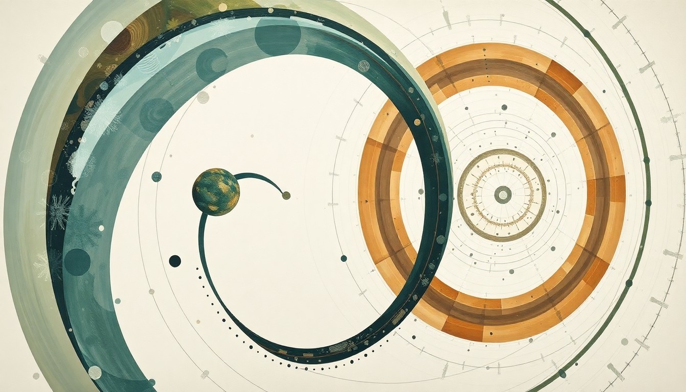 A highly textured, geometric abstract painting in earthy tones of green, blue, and brown, featuring sweeping arcs, concentric circles, and precise spirals, representing the complex scientific forces and interconnected structures involved in protein engineering and antibody discovery.