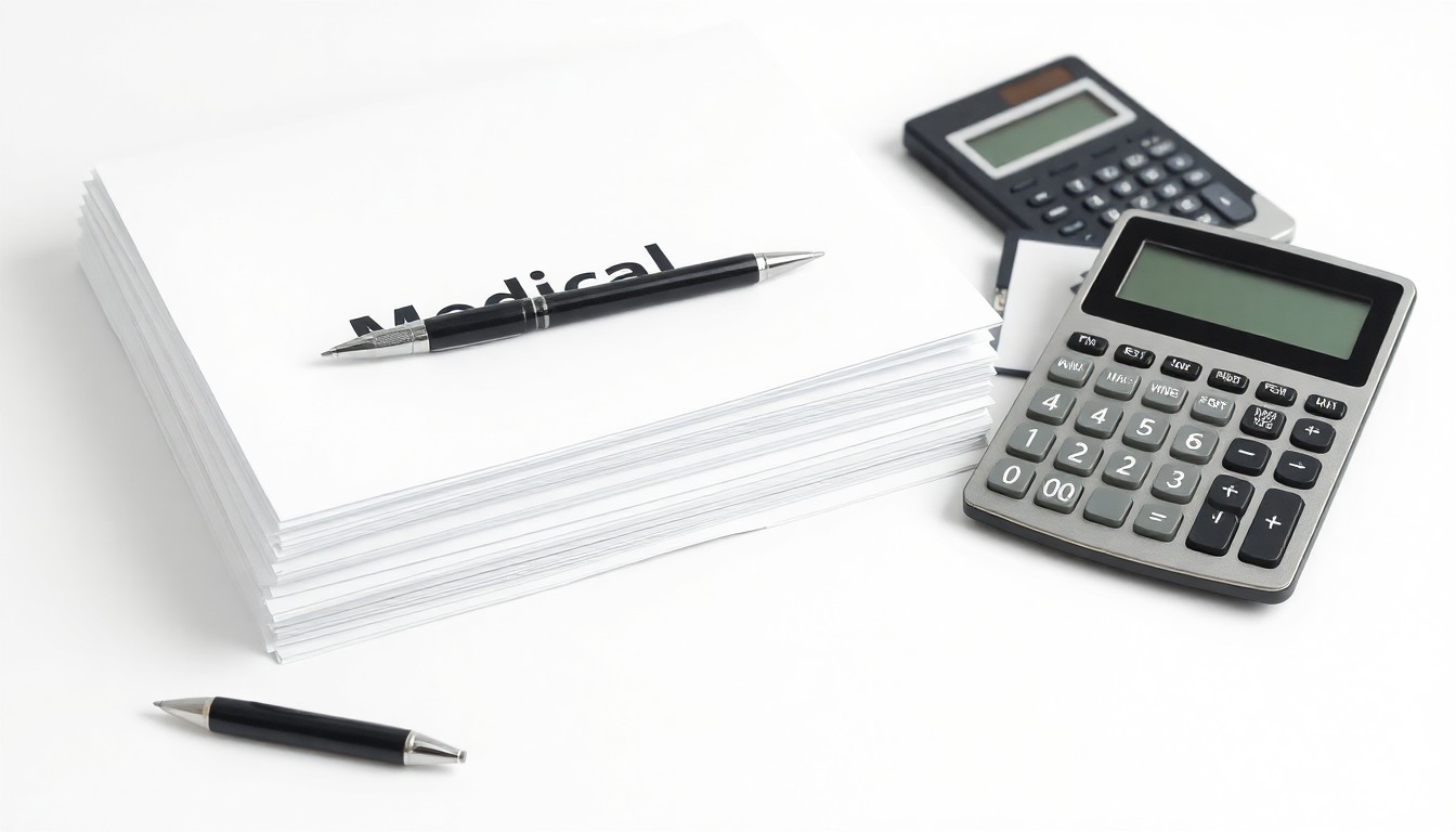 A photorealistic studio still-life photograph featuring a stack of medical files, a pen, and a calculator on a clean, white background, conceptually representing the business operations and financial aspects of the healthcare services industry.
