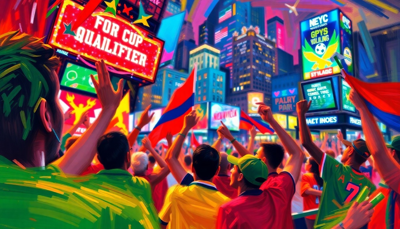 A vibrant, energetic painting in the style of LeRoy Neiman, featuring blurred figures of soccer fans cheering and waving flags against a neon-lit backdrop of the Power and Light District skyline, capturing the raw excitement of a World Cup qualifier watch party.