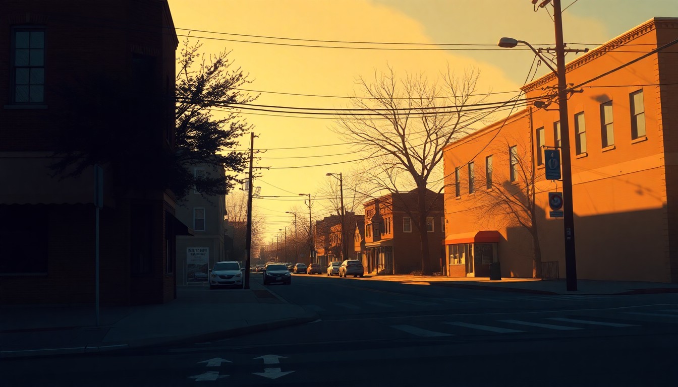 A realistic painting of a quiet street corner in Dearborn, Michigan, with warm sunlight and deep shadows creating a contemplative mood, conveying the community's concerns over divisive rhetoric.