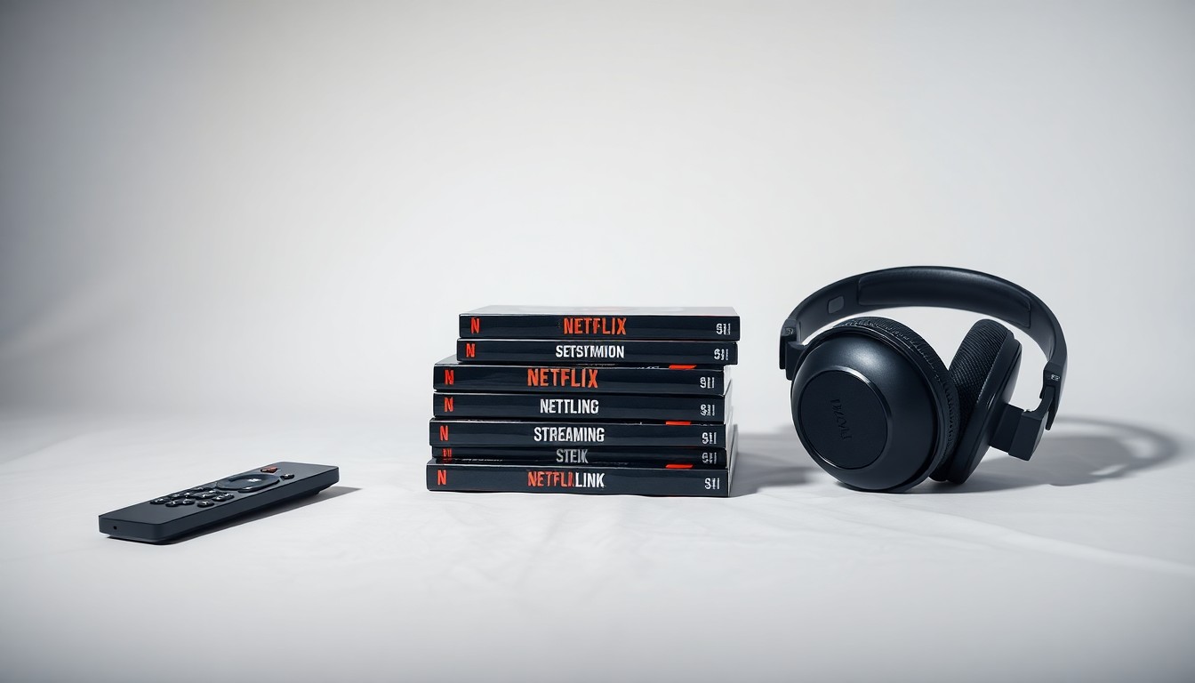 A photorealistic studio still life featuring a stack of Netflix DVD cases, a streaming remote control, and a pair of headphones arranged elegantly on a clean, white background. The objects are made from polished materials and use dramatic lighting to symbolize the abstract concepts of corporate strategy and market performance.