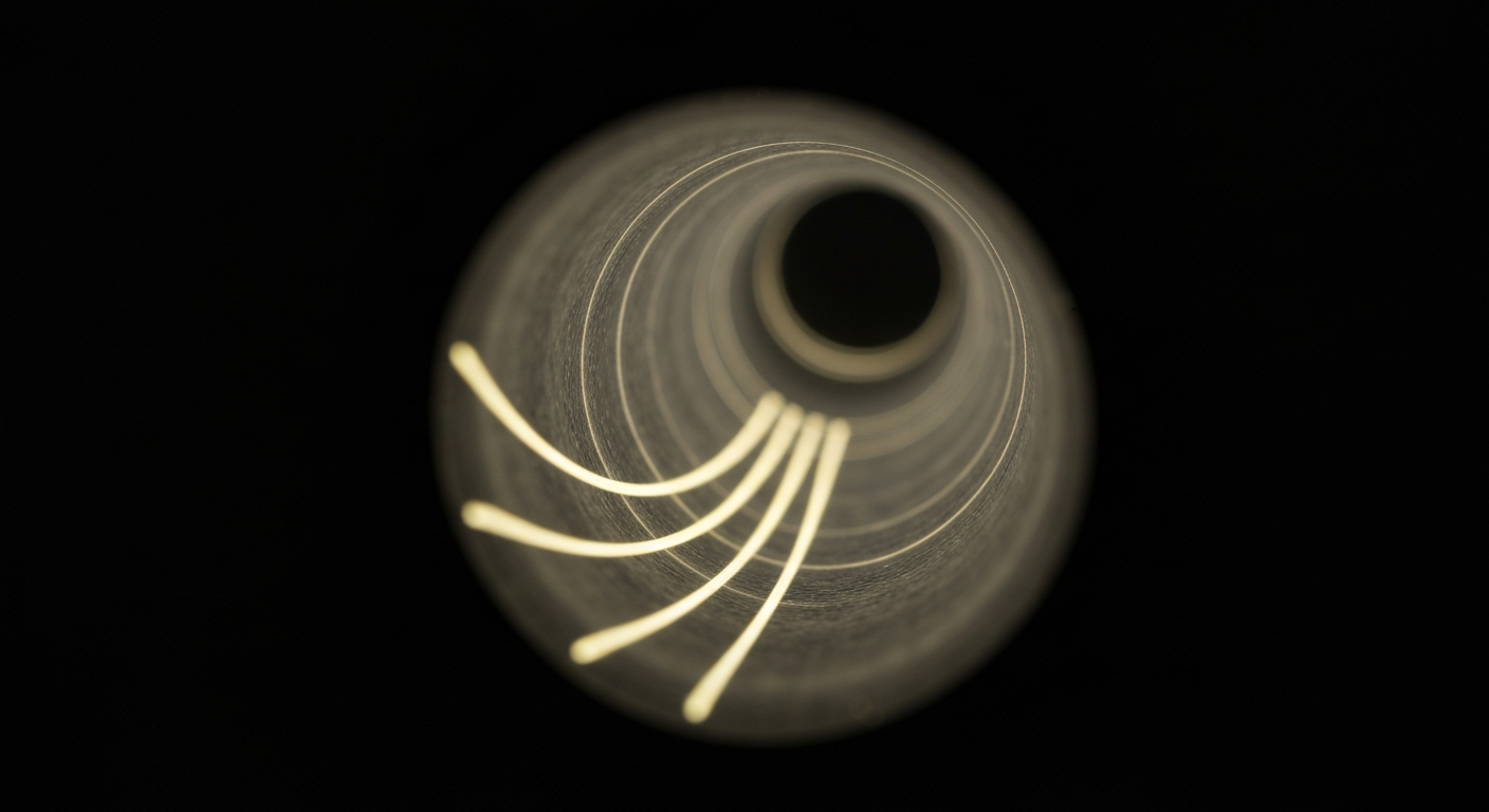 An extreme close-up X-ray photograph showing the intricate internal structure of a water pipe, with glowing lines and ghostly details against a dark background, conceptually representing the new water system that will address PFAS concerns in the community.