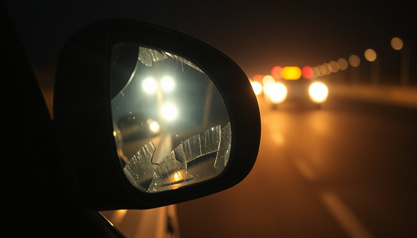 An extreme close-up photograph of a shattered car side mirror reflecting the faint glow of emergency lights, conceptually illustrating the aftermath of a serious highway accident.