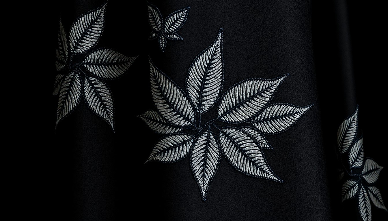 An extreme close-up of the intricate embroidered leaf pattern on a black satin fabric, captured in dramatic high-contrast lighting to showcase the luxurious, high-fashion texture of the rare 1995 Galliano ensemble.
