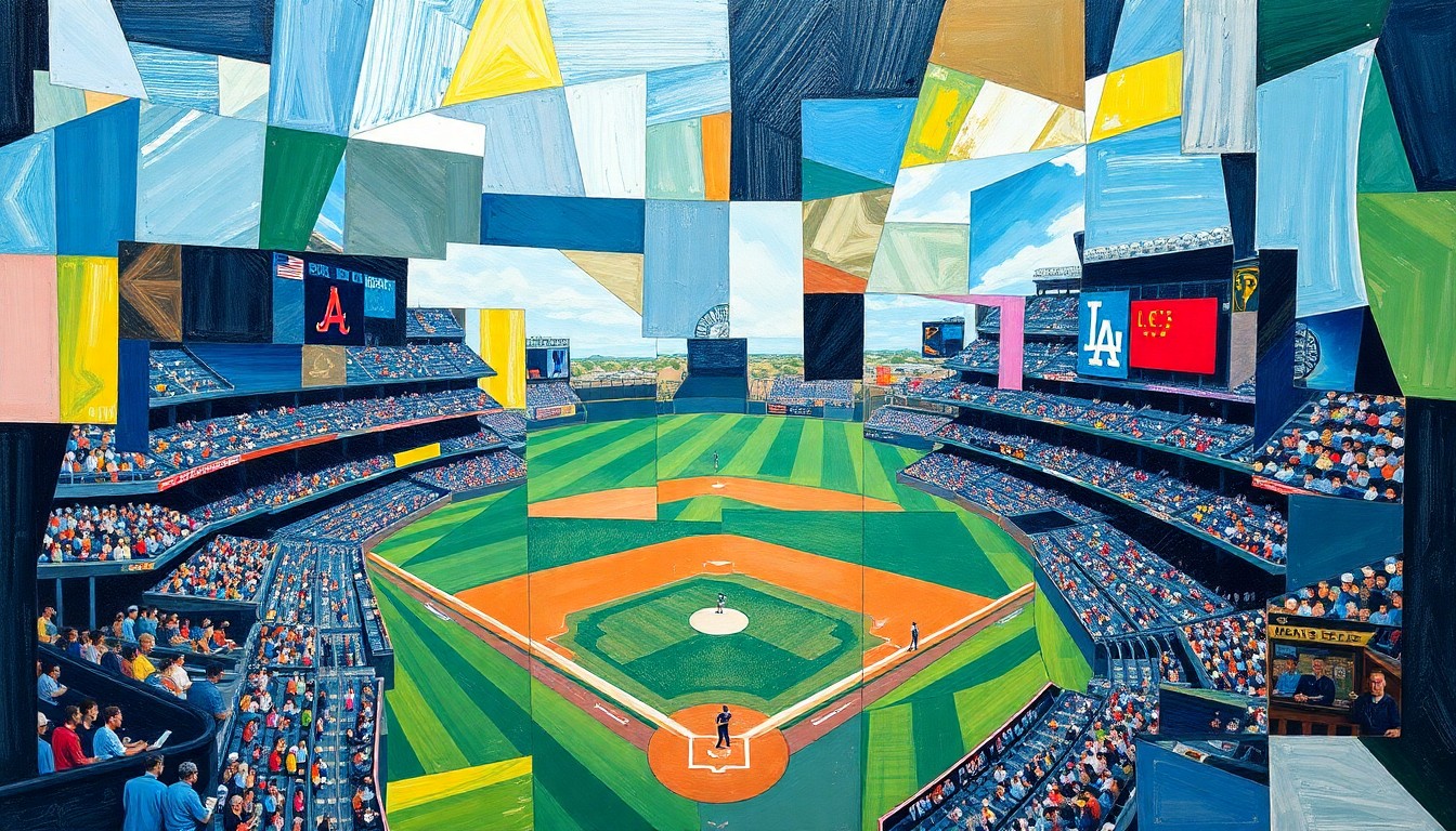 A fragmented, geometric painting depicting a baseball game, with players and the field broken down into sharp, overlapping shapes and planes of color, conveying the energy and movement of the sport.