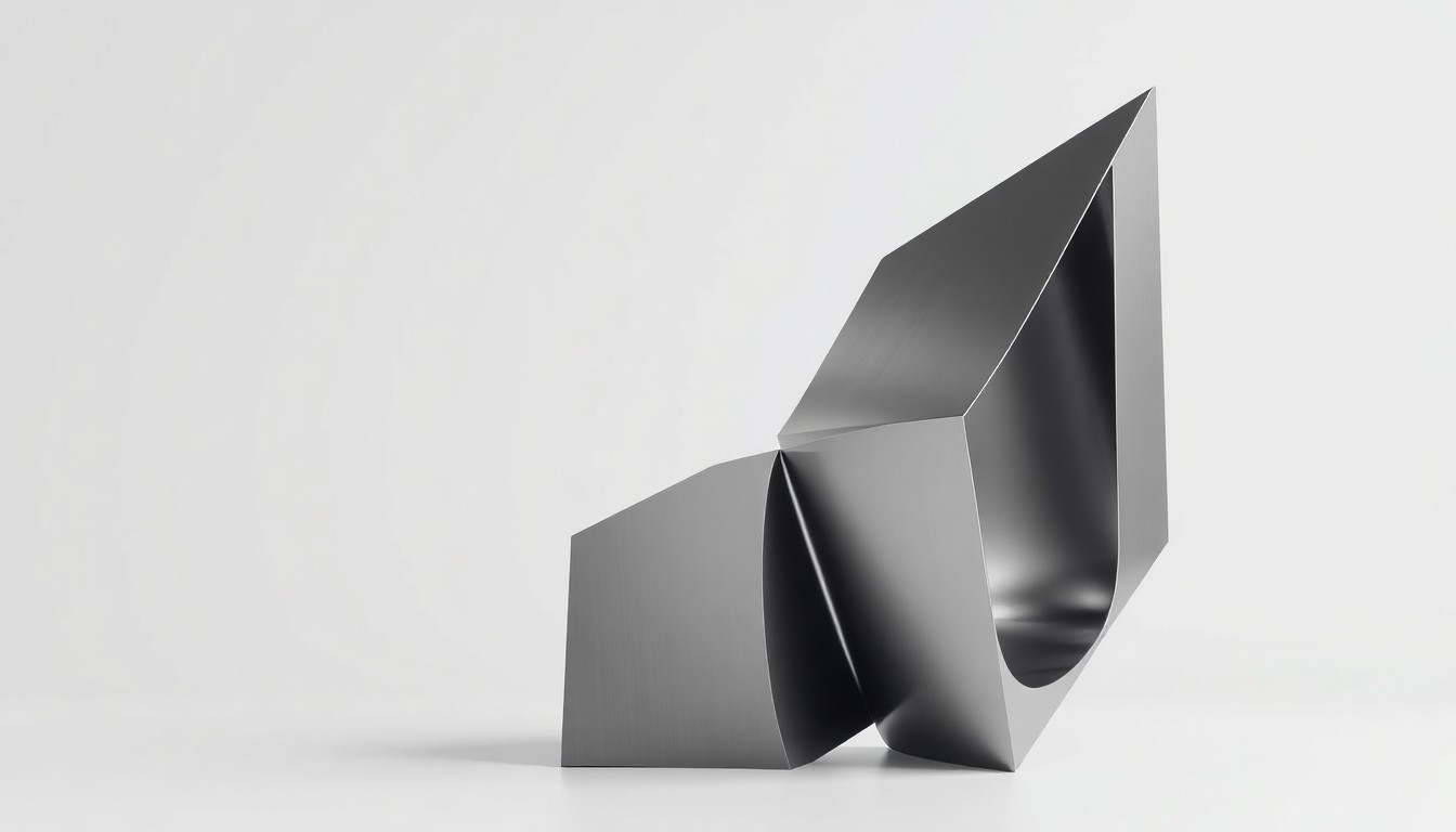 A high-end, photorealistic studio still-life photograph featuring a polished, geometric metal sculpture or abstract industrial object arranged elegantly on a clean, monochromatic seamless background, using dramatic lighting and shadows to convey the precision and innovation of industrial automation technology.