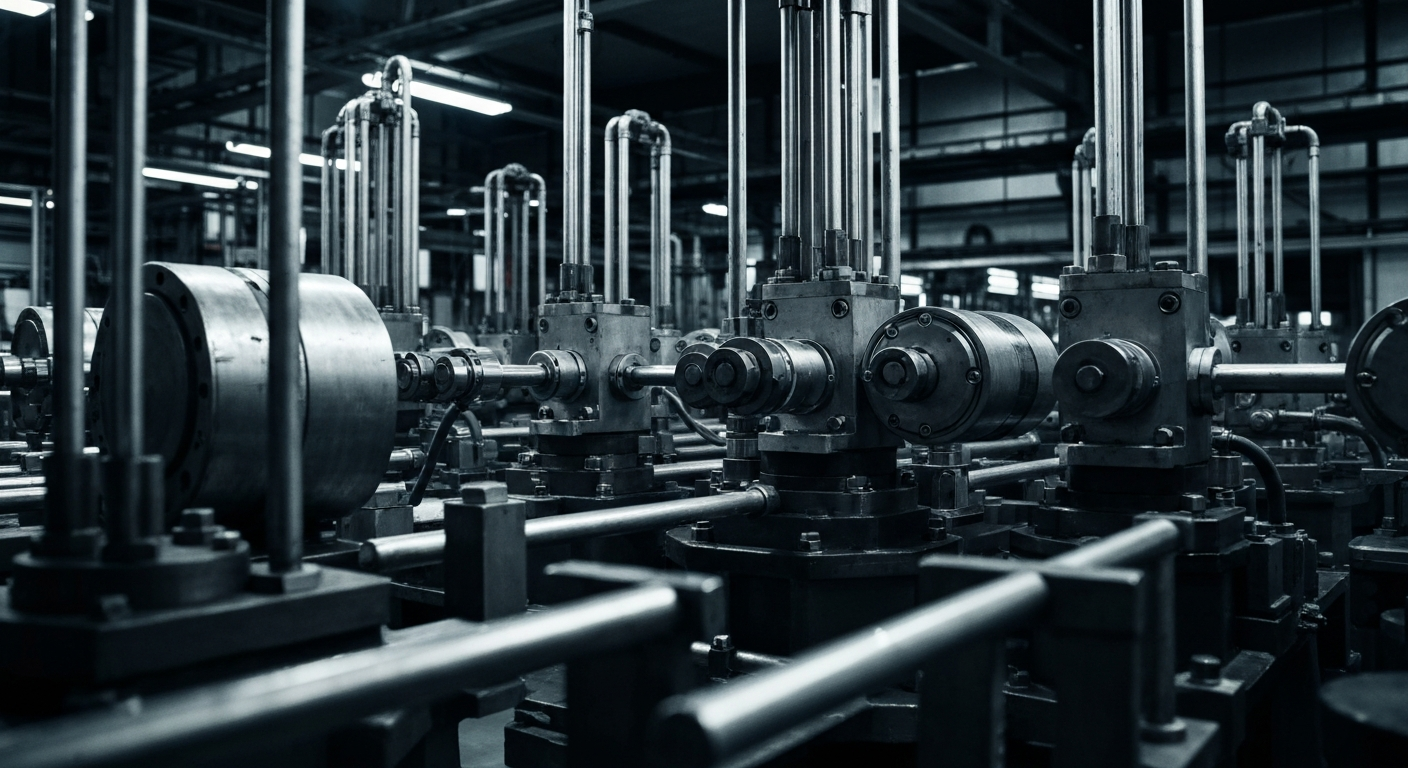 A close-up view of the complex, heavy machinery and components inside a Corning glass production facility, captured in a high-contrast, industrial style that emphasizes the technical sophistication and scale of the company's manufacturing processes.